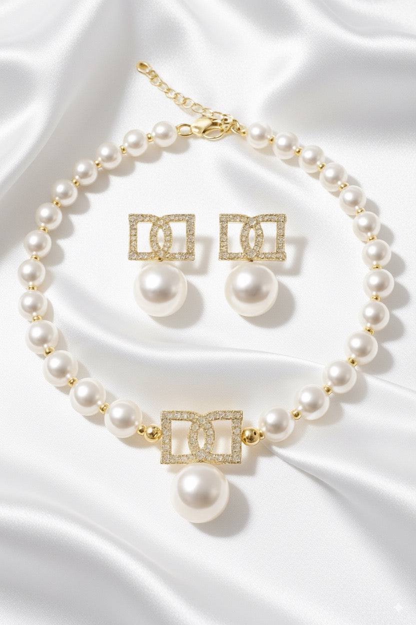 Women  Korean Pearl  Chain Collar Choker Necklace earring Jewelry set Party Accessories