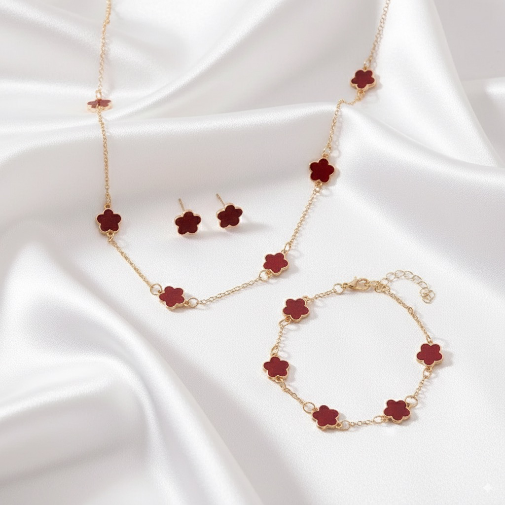 3 PCS Light Luxury Flower Bracelet Sets for Women Fashion Lucky Five-leaf Clover Earrings Necklace Friendship Party Jewelry