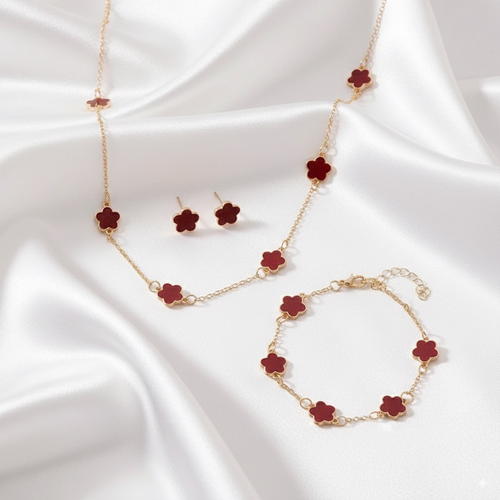 3 PCS Light Luxury Flower Bracelet Sets for Women Fashion Lucky Five-leaf Clover Earrings Necklace Friendship Party Jewelry
