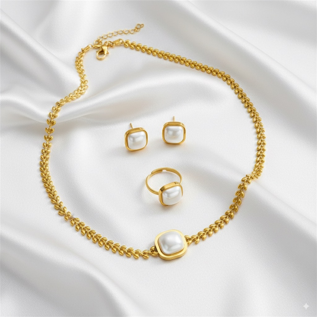 DIEYURO 316L Stainless Steel Square Large Pearl Necklace Earrings Ring For Women Girl New Party Gift Fashion Jewelry Set Bijoux