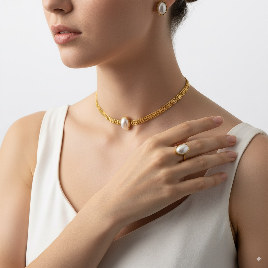 DIEYURO 316L Stainless Steel Square Large Pearl Necklace Earrings Ring For Women Girl New Party Gift Fashion Jewelry Set Bijoux