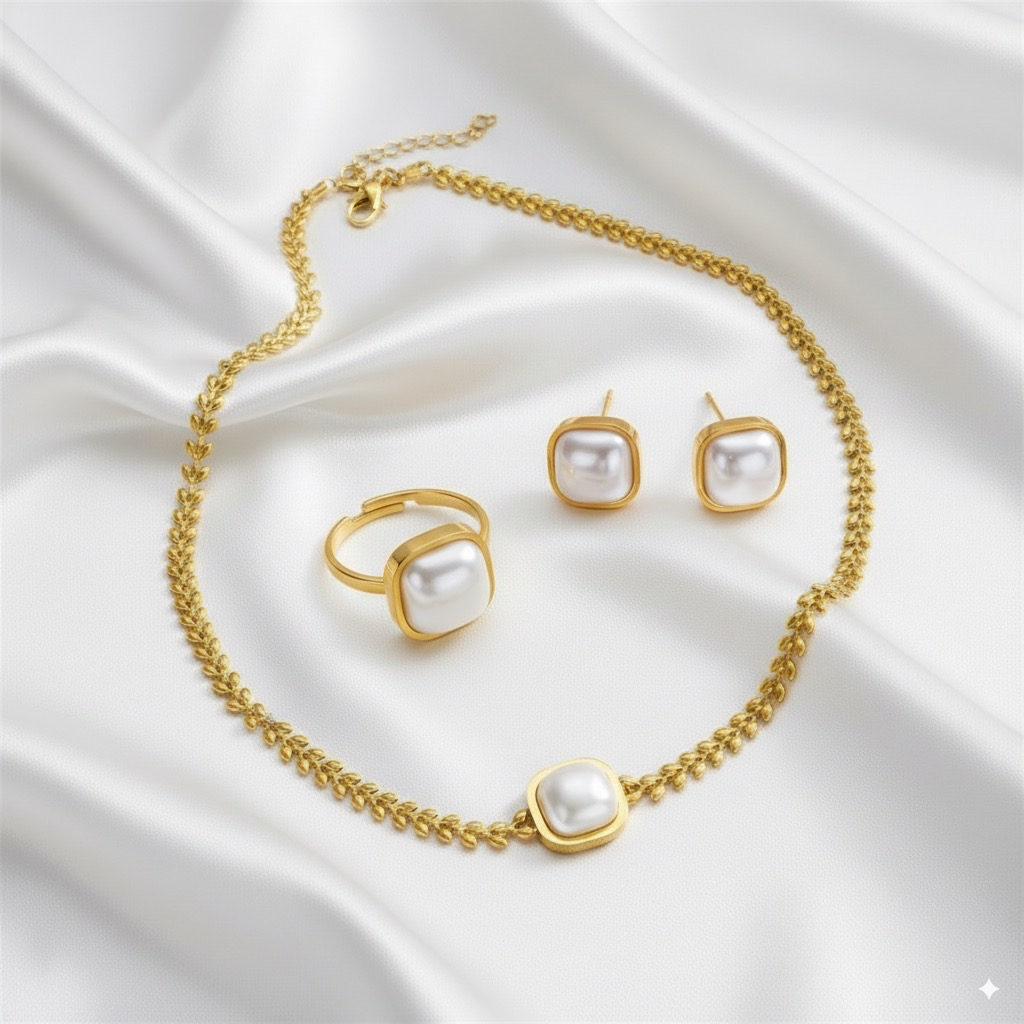 DIEYURO 316L Stainless Steel Square Large Pearl Necklace Earrings Ring For Women Girl New Party Gift Fashion Jewelry Set Bijoux