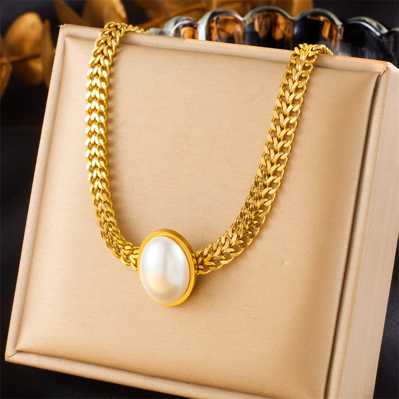 DIEYURO 316L Stainless Steel Square Large Pearl Necklace Earrings Ring For Women Girl New Party Gift Fashion Jewelry Set Bijoux