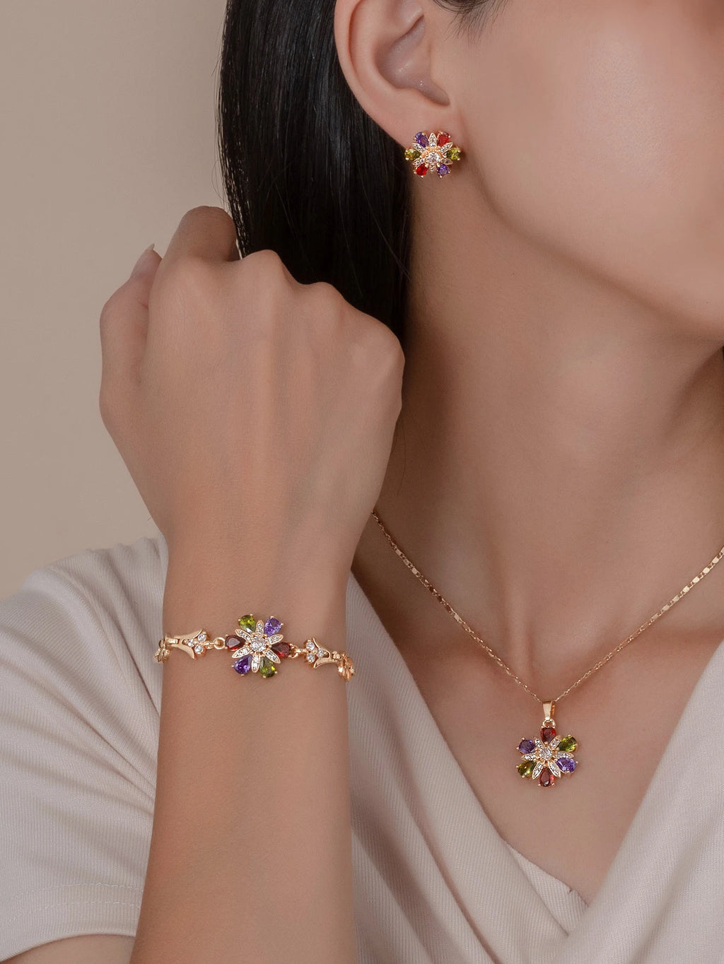 FanSibao newly designed tricolor zircon pendant necklace earrings bracelet stainless steel jewelry set gift for women