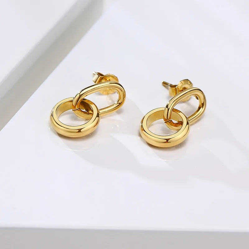 Double Link Hoop Earrings for Women, Stainles Steel Dangle Drop Hoops, Interlocked Circle Stud Earrings, Wholesale Jewelry