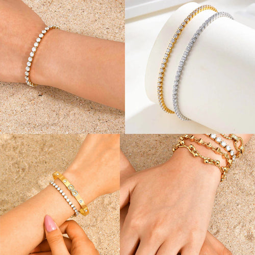 2mm-5mm Women Tennis Bracelet, Cubic Zirconia Chain Bracelet, Stainlesss Steel 18k Gold Plated Link Wristband Stackable Jewelry