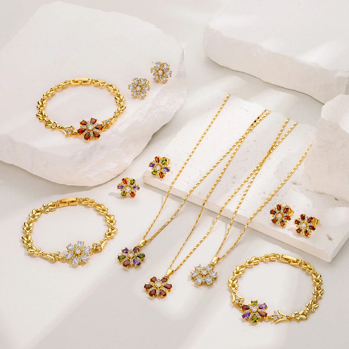 FanSibao newly designed tricolor zircon pendant necklace earrings bracelet stainless steel jewelry set gift for women