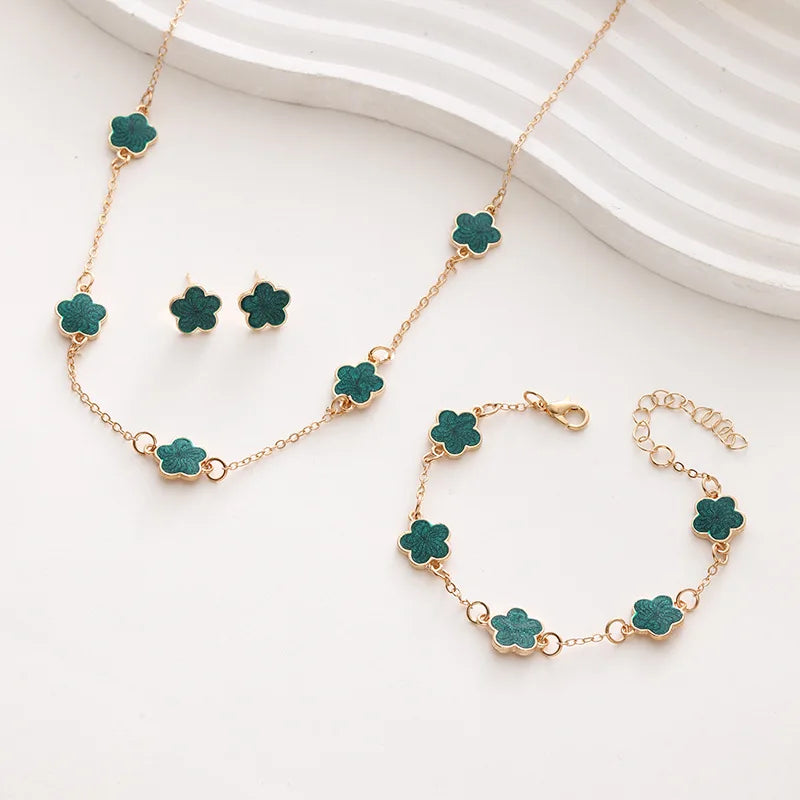 3 PCS Light Luxury Flower Bracelet Sets for Women Fashion Lucky Five-leaf Clover Earrings Necklace Friendship Party Jewelry