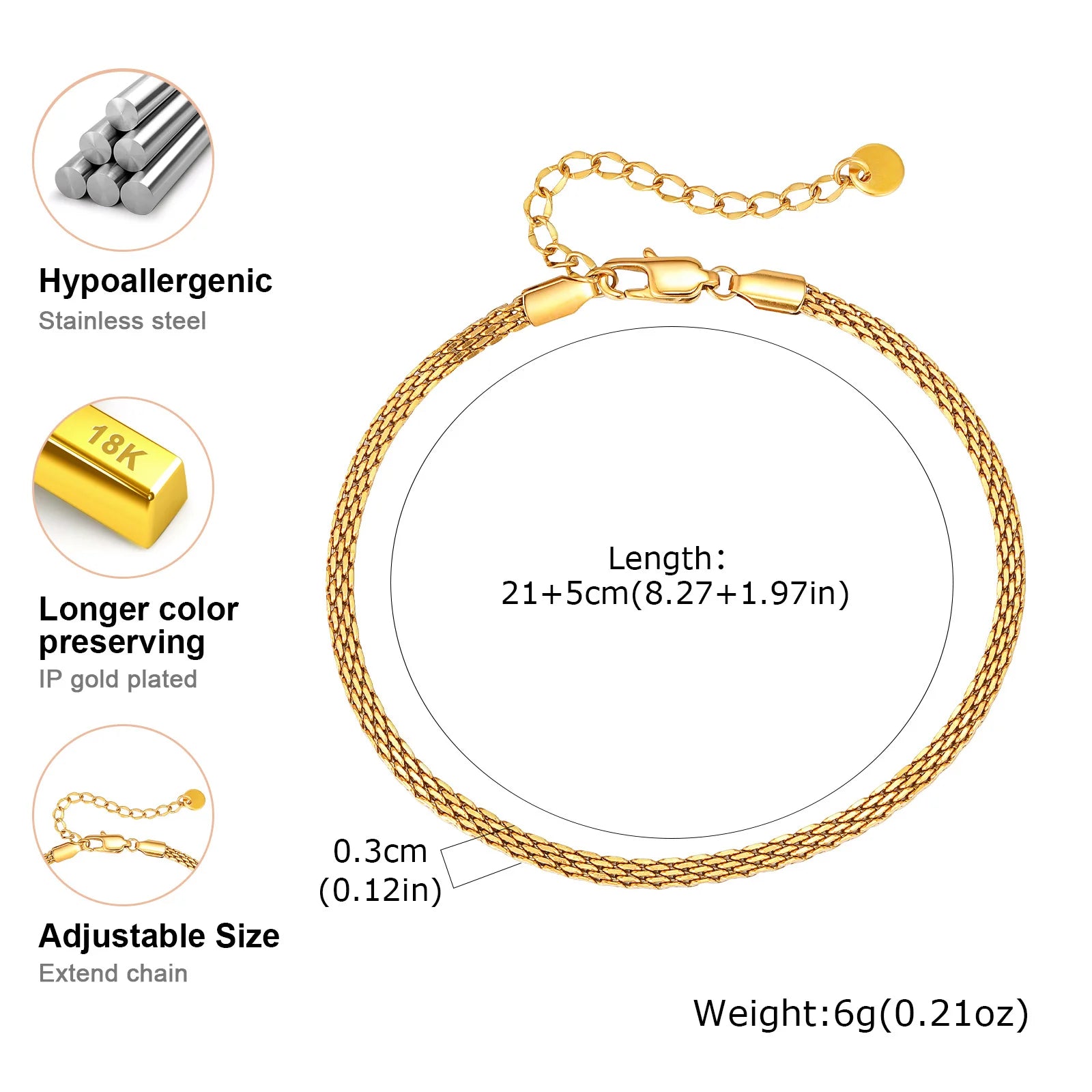 3mm Thin Mesh Link Chain Anklet Bracelet for Women, Waterproof Stainless Steel Gold Plated Anklet Surf Jewelry