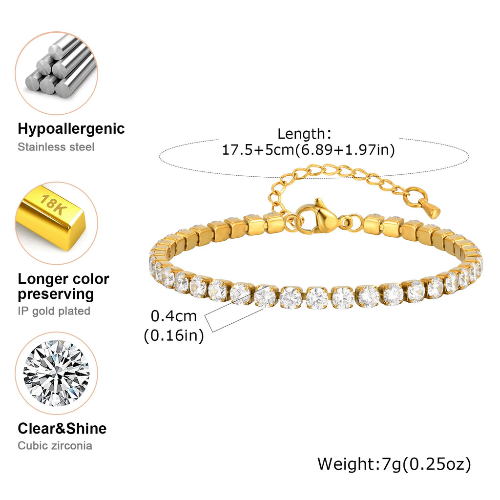 2mm-5mm Women Tennis Bracelet, Cubic Zirconia Chain Bracelet, Stainlesss Steel 18k Gold Plated Link Wristband Stackable Jewelry