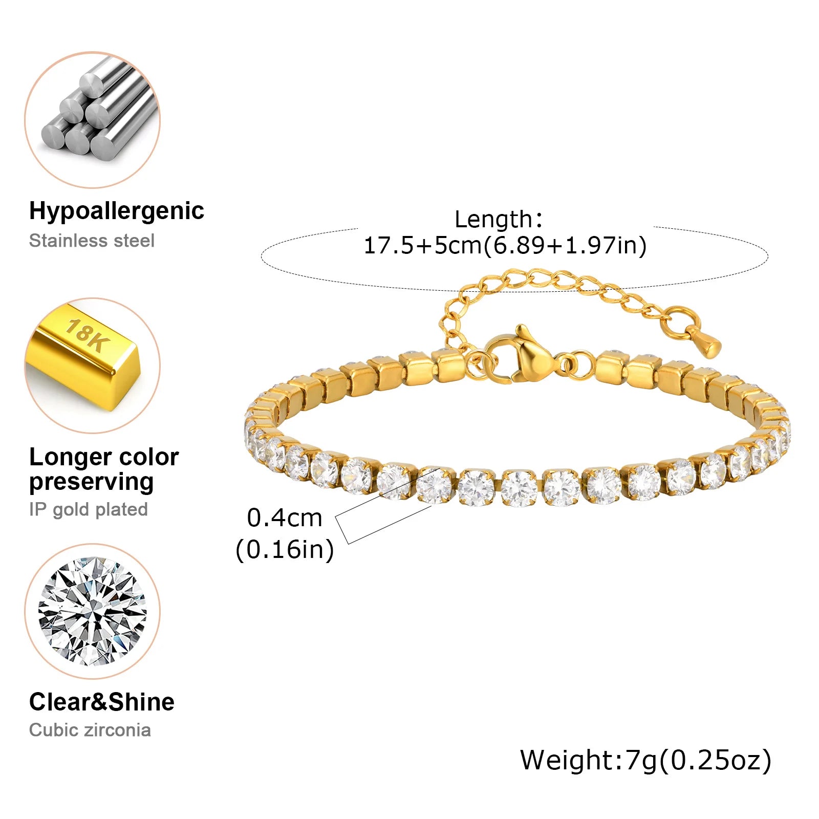 2mm-5mm Women Tennis Bracelet, Cubic Zirconia Chain Bracelet, Stainlesss Steel 18k Gold Plated Link Wristband Stackable Jewelry