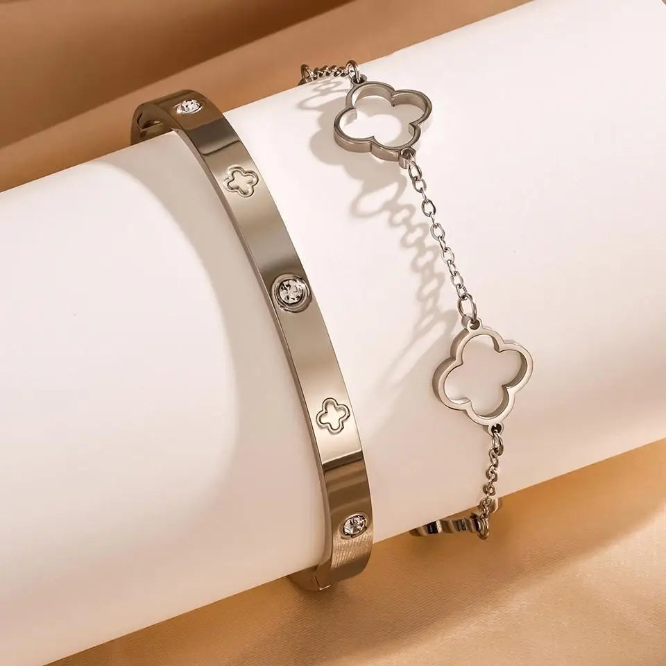 2PCS French Lucky Clover Bracelet Set For Women High Quality Stainless Steel INS Hot Selling Bracelet Charm Feeling Jewelry Gift