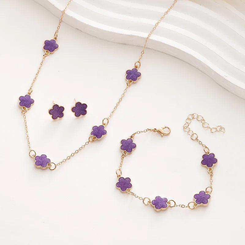 3 PCS Light Luxury Flower Bracelet Sets for Women Fashion Lucky Five-leaf Clover Earrings Necklace Friendship Party Jewelry