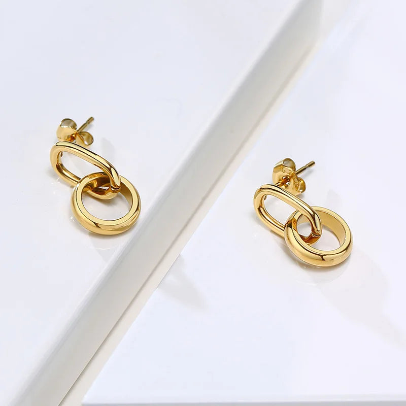 Double Link Hoop Earrings for Women, Stainles Steel Dangle Drop Hoops, Interlocked Circle Stud Earrings, Wholesale Jewelry