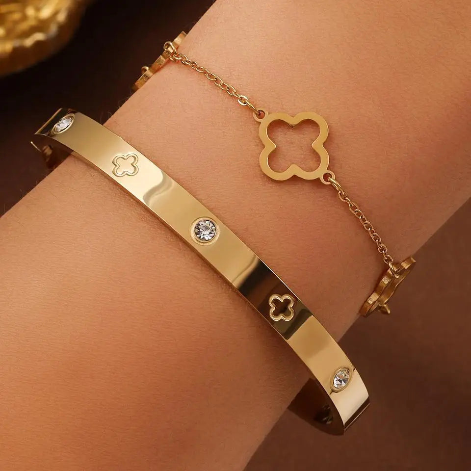 2PCS French Lucky Clover Bracelet Set For Women High Quality Stainless Steel INS Hot Selling Bracelet Charm Feeling Jewelry Gift