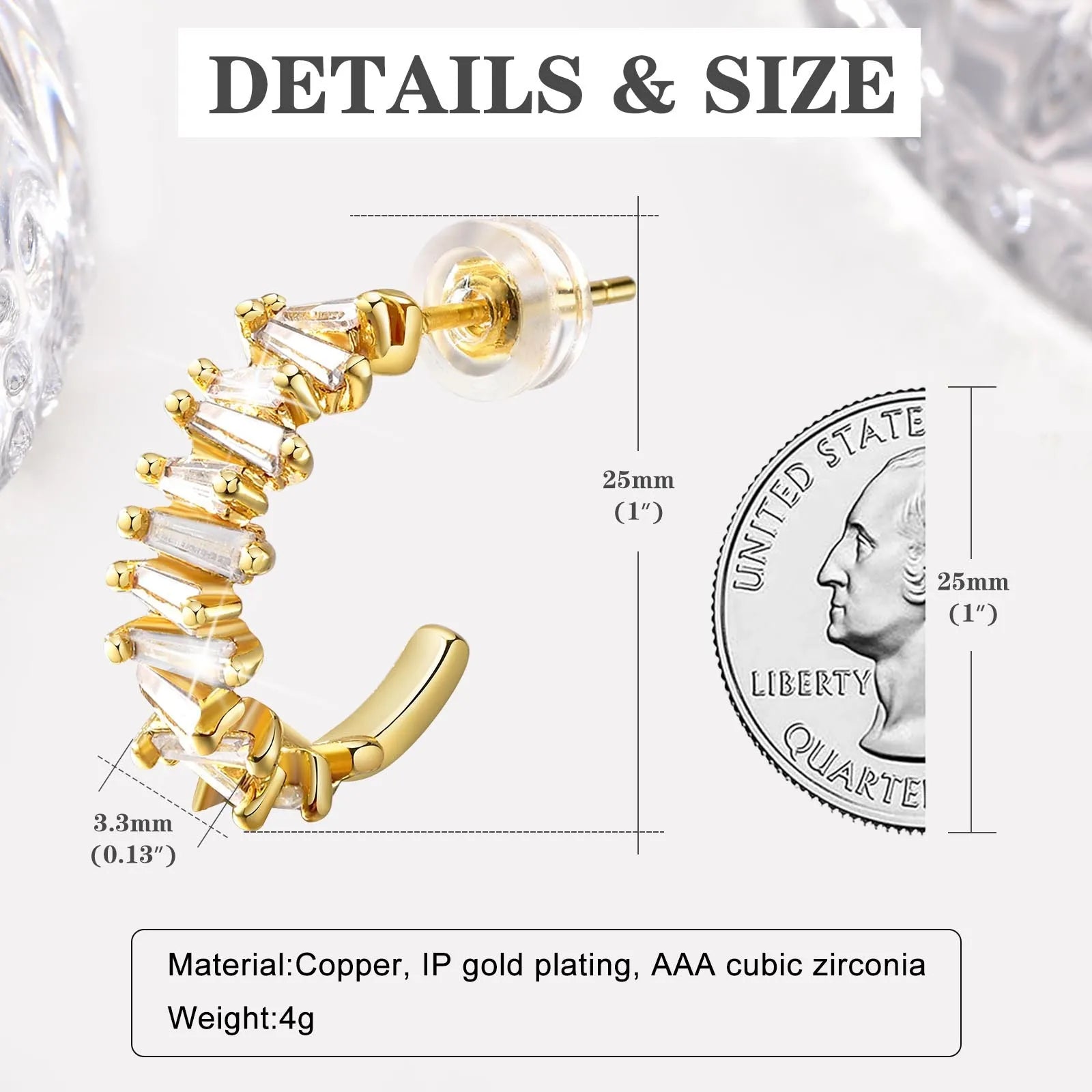 Cubic Zirconia Open Hoop Earring for Women, C Shape CZ Hoops 18k Gold Plated Ear Jewelry, Daily Party Wedding Gift
