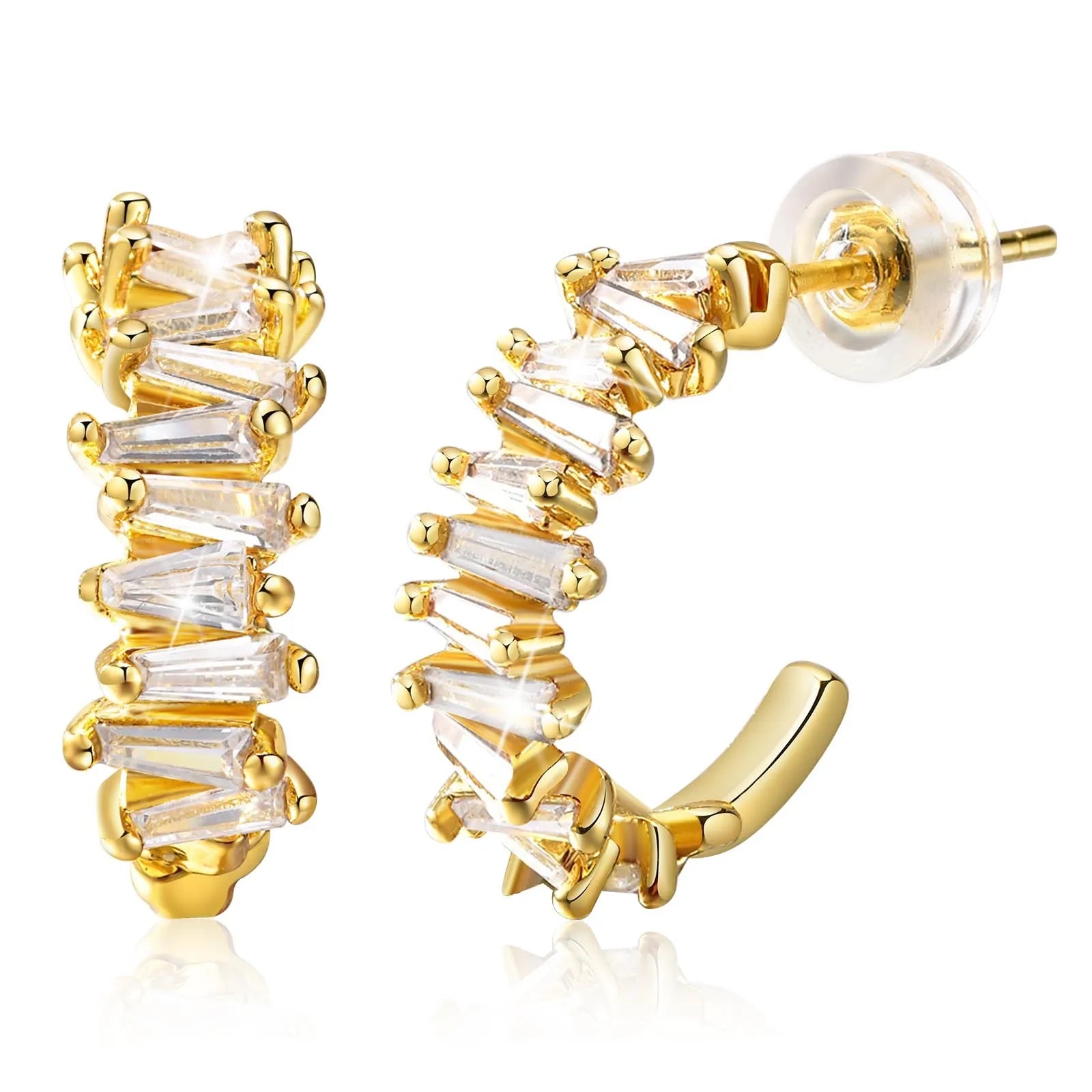 Cubic Zirconia Open Hoop Earring for Women, C Shape CZ Hoops 18k Gold Plated Ear Jewelry, Daily Party Wedding Gift