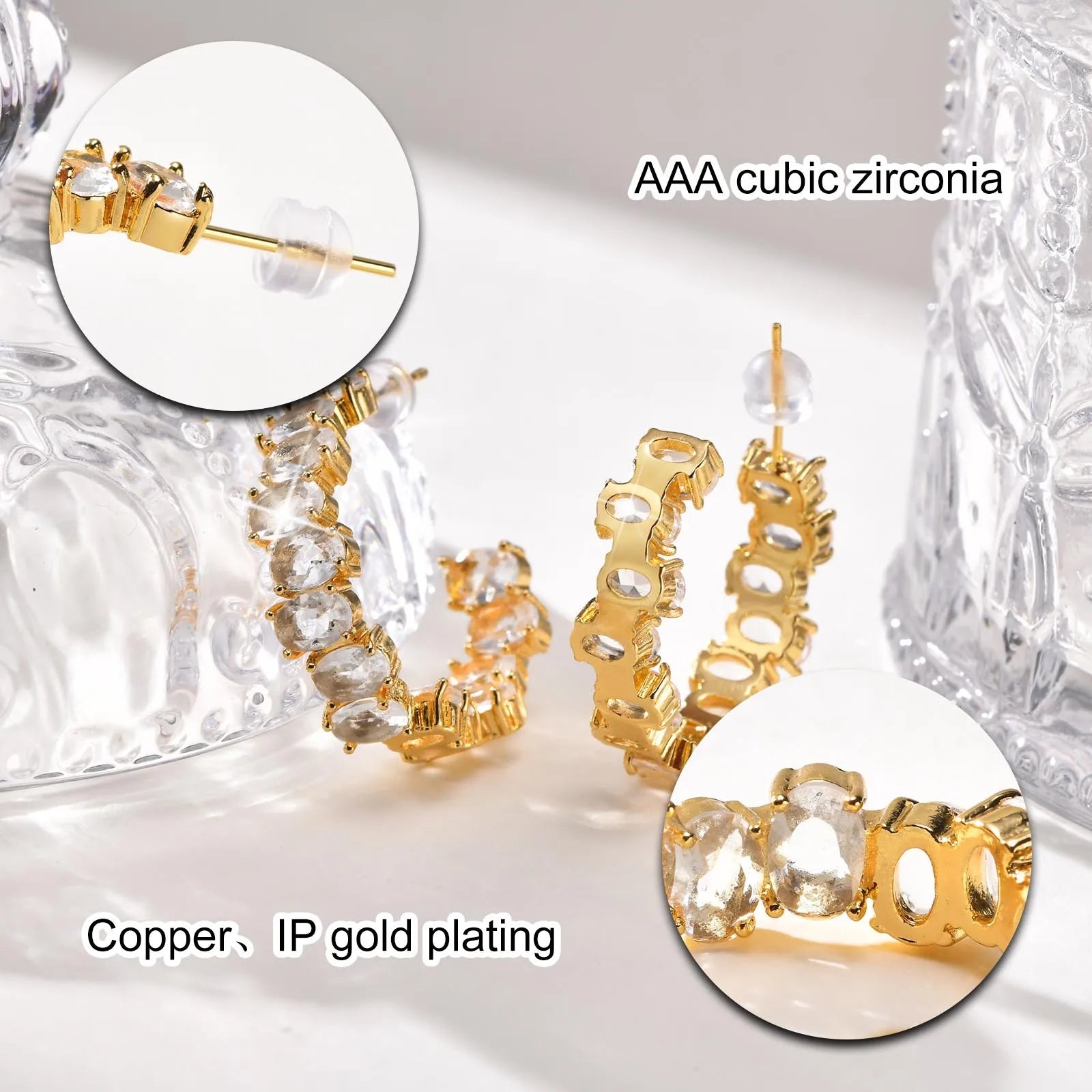 Cubic Zirconia Open Hoop Earring for Women, C Shape CZ Hoops 18k Gold Plated Ear Jewelry, Daily Party Wedding Gift
