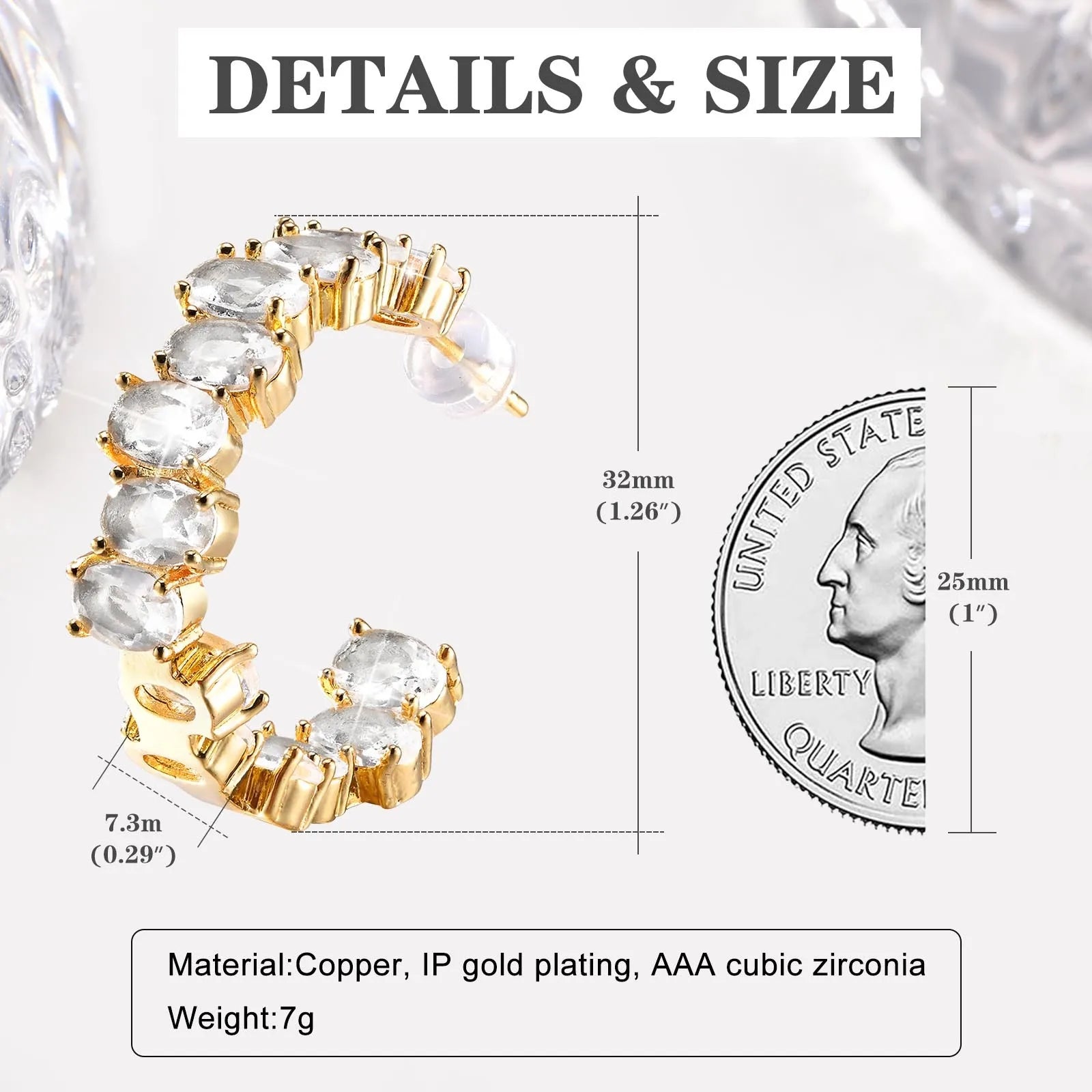 Cubic Zirconia Open Hoop Earring for Women, C Shape CZ Hoops 18k Gold Plated Ear Jewelry, Daily Party Wedding Gift