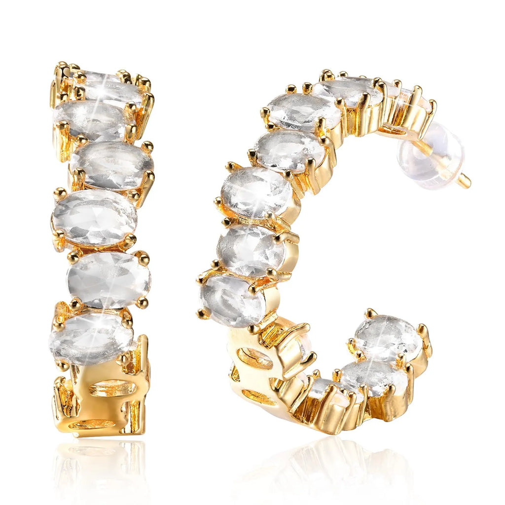 Cubic Zirconia Open Hoop Earring for Women, C Shape CZ Hoops 18k Gold Plated Ear Jewelry, Daily Party Wedding Gift
