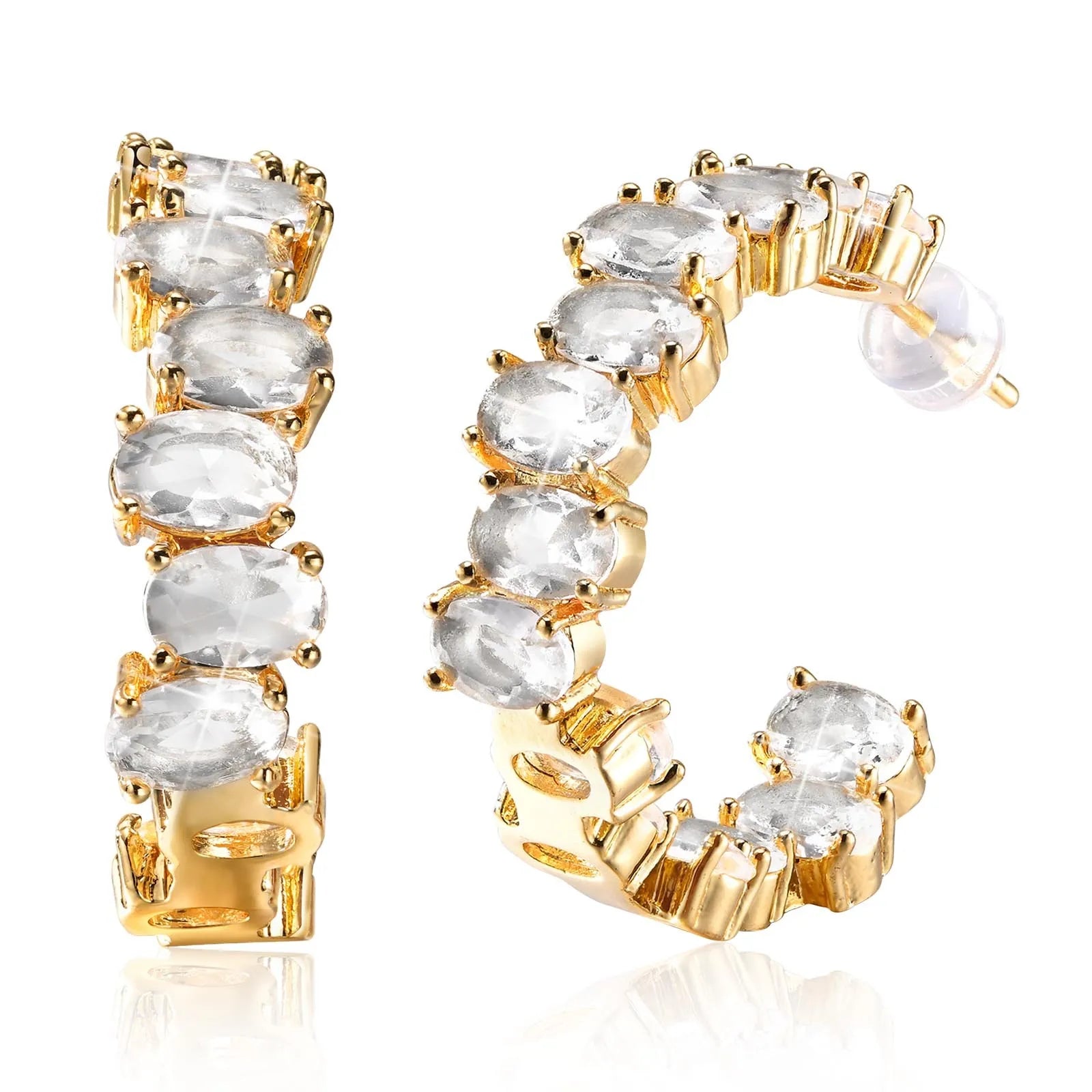 Cubic Zirconia Open Hoop Earring for Women, C Shape CZ Hoops 18k Gold Plated Ear Jewelry, Daily Party Wedding Gift