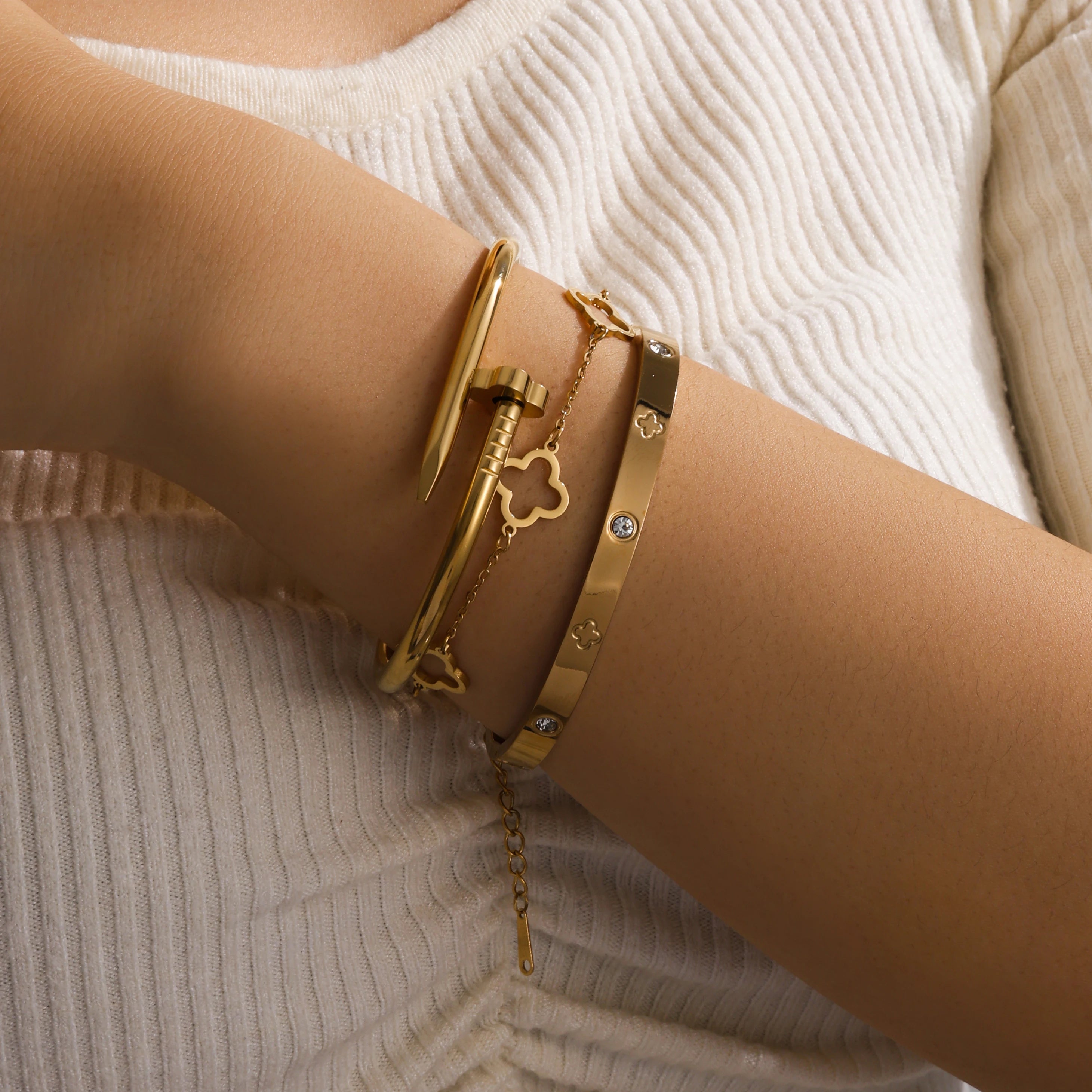 2PCS French Lucky Clover Bracelet Set For Women High Quality Stainless Steel INS Hot Selling Bracelet Charm Feeling Jewelry Gift
