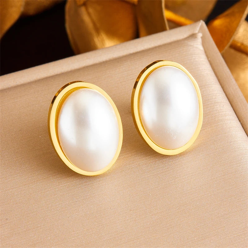 DIEYURO 316L Stainless Steel Square Large Pearl Necklace Earrings Ring For Women Girl New Party Gift Fashion Jewelry Set Bijoux
