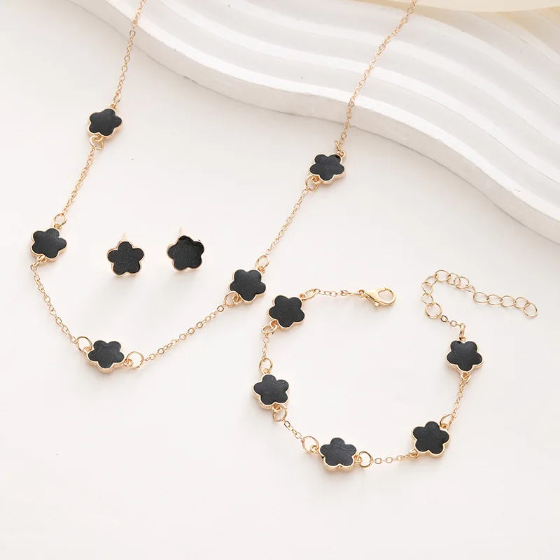 3 PCS Light Luxury Flower Bracelet Sets for Women Fashion Lucky Five-leaf Clover Earrings Necklace Friendship Party Jewelry